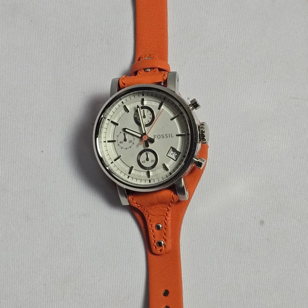 Fossil Del Rey Chronograph Orange Leather Cuff Watch ES3768 Silver Cream Dial